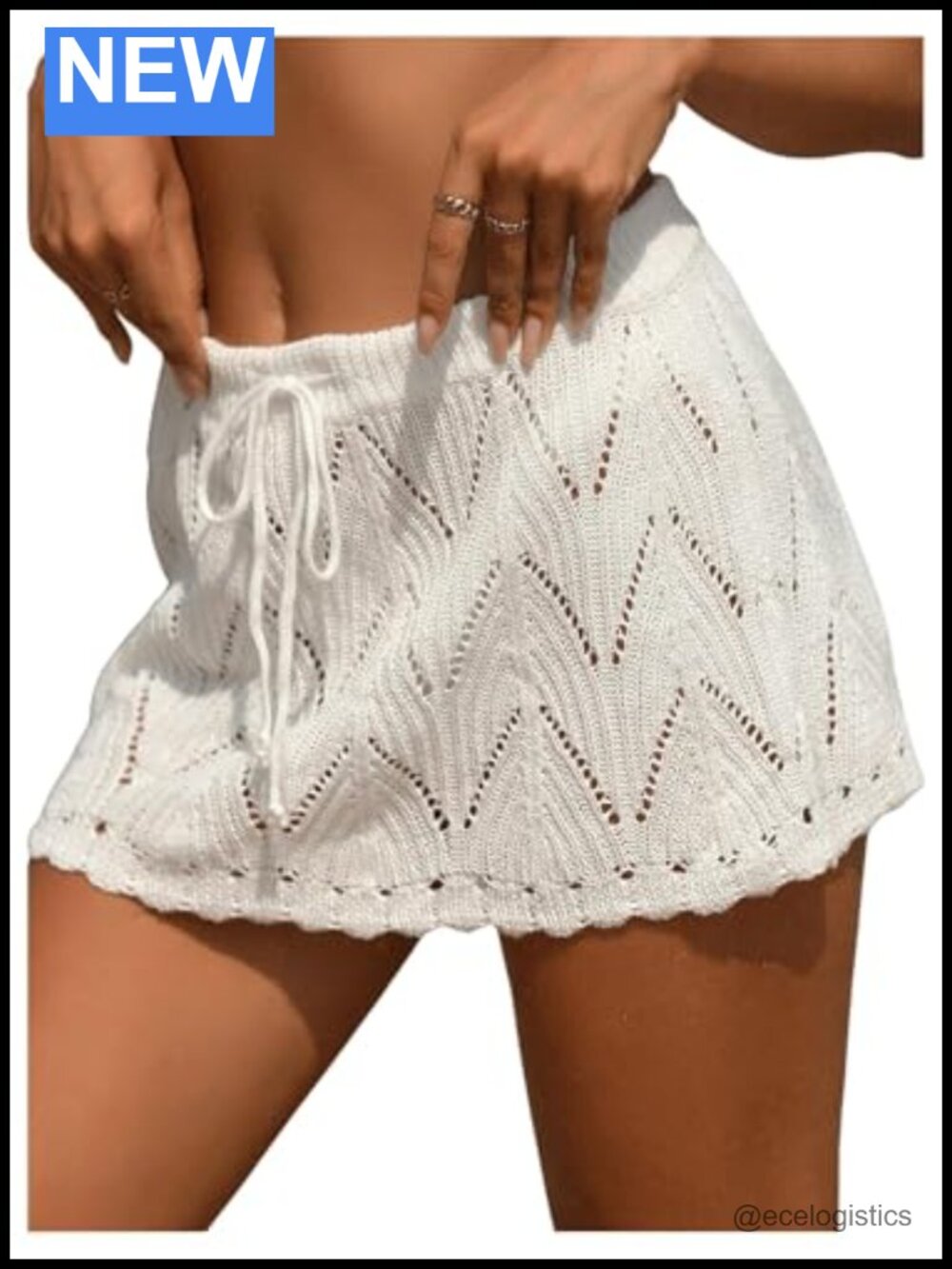 Crochet Knit Swim Cover Up Mini Beach Skirt Drawstring Scallop